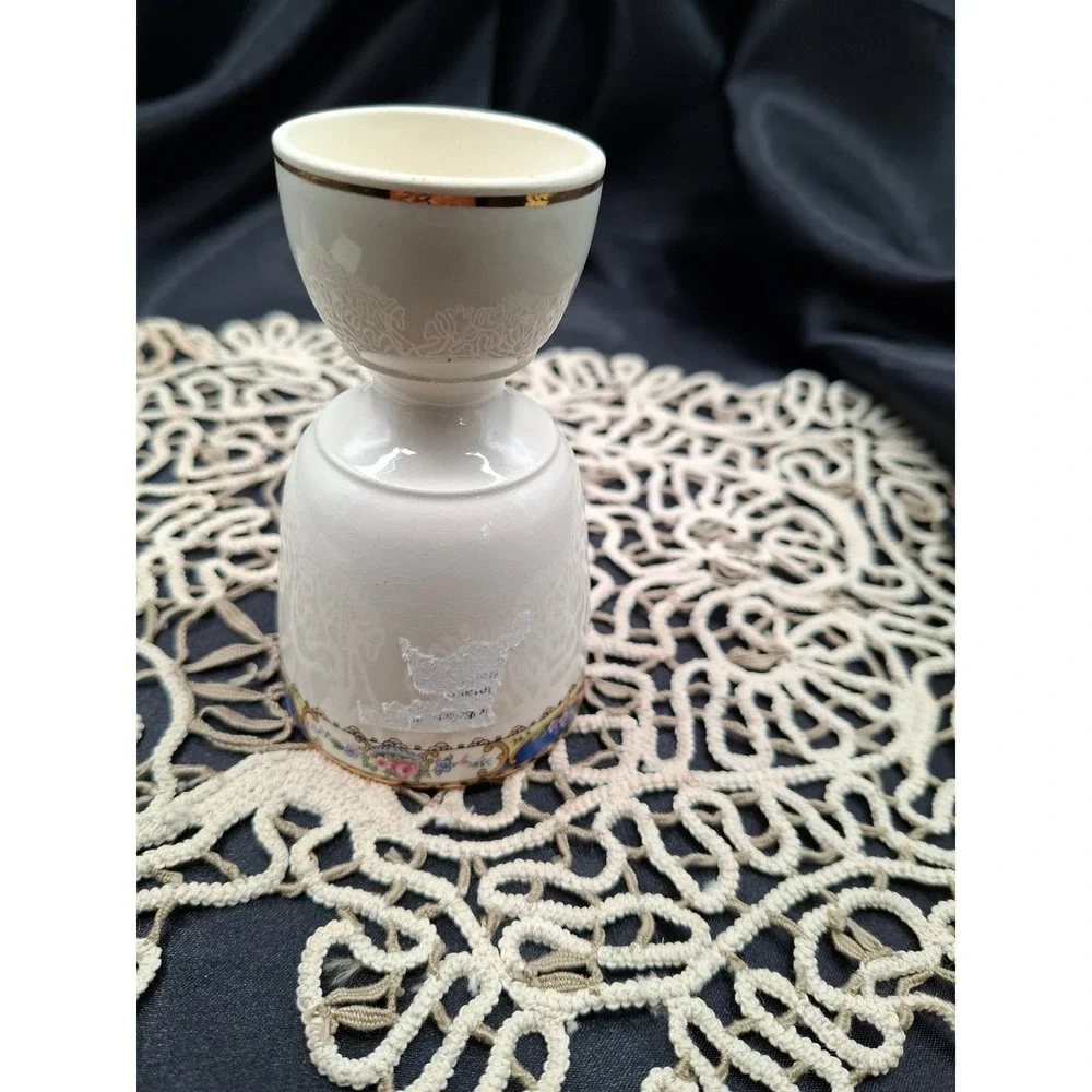 Vintage Porcelain Double Ended Egg Cup Floral Rose Gold Trim Gilt Ceramic